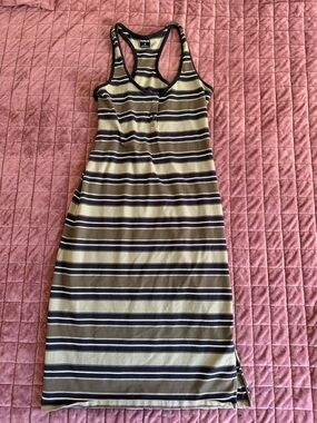 Hurley Olive and Black Striped Racerback Midi Dress Medium